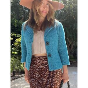 CAbi Vibrant Turquoise Wool Blend Boucle 3/4 Sleeve Jacket/Blazer